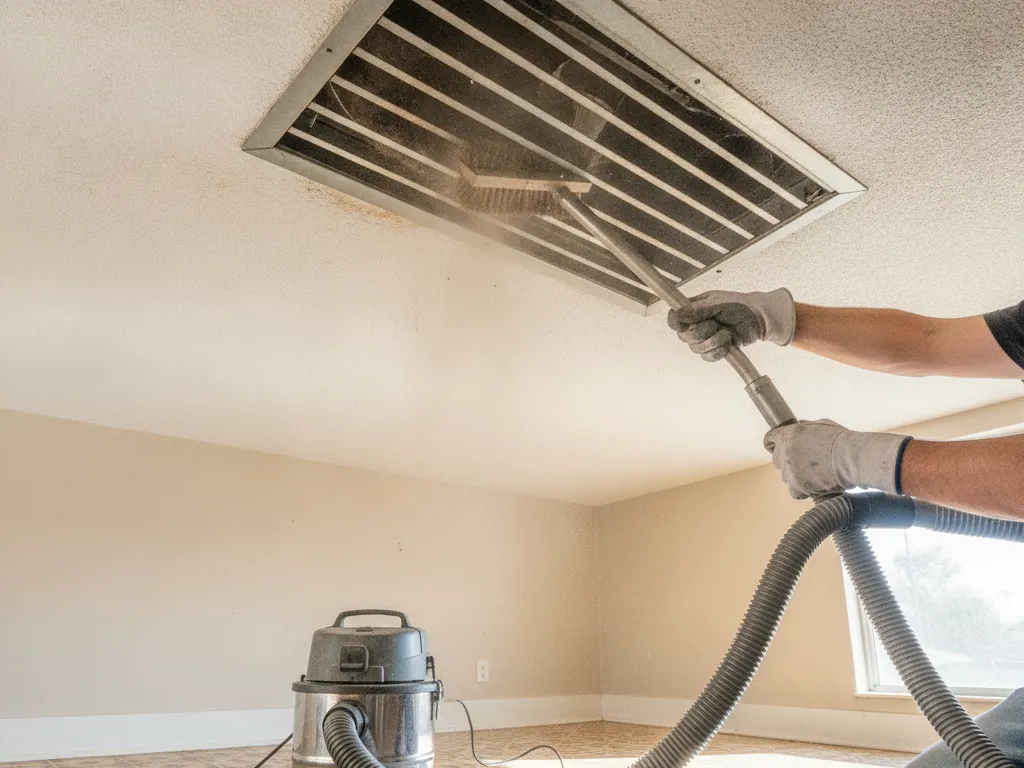 A supply vent being cleaned with a brush and vacuum hose