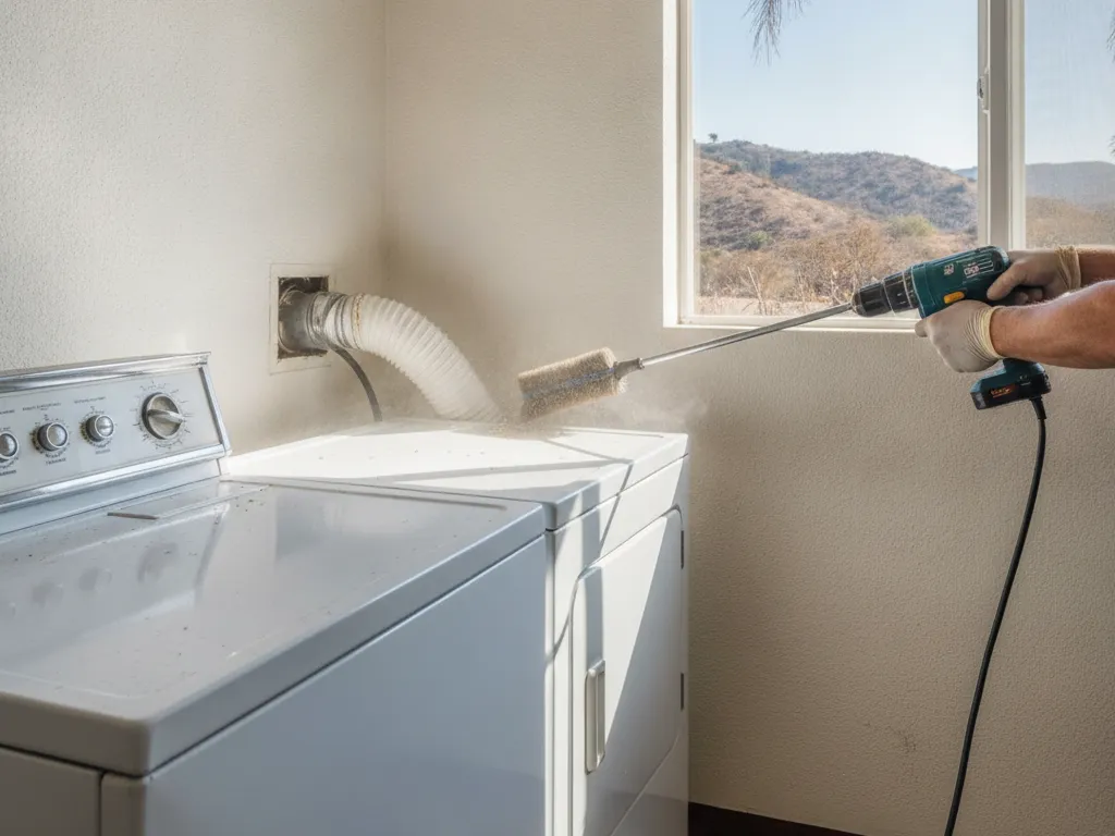 A dryer vent line being cleared behind a dryer