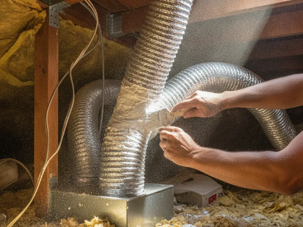 Flexible ductwork being sealed in an attic