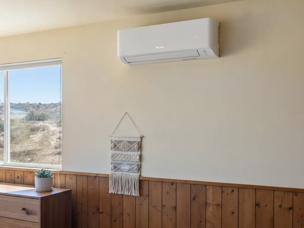 A ductless mini split head high on a bedroom wall