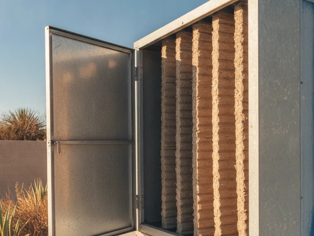 An evaporative cooler with its side panel open showing the pads