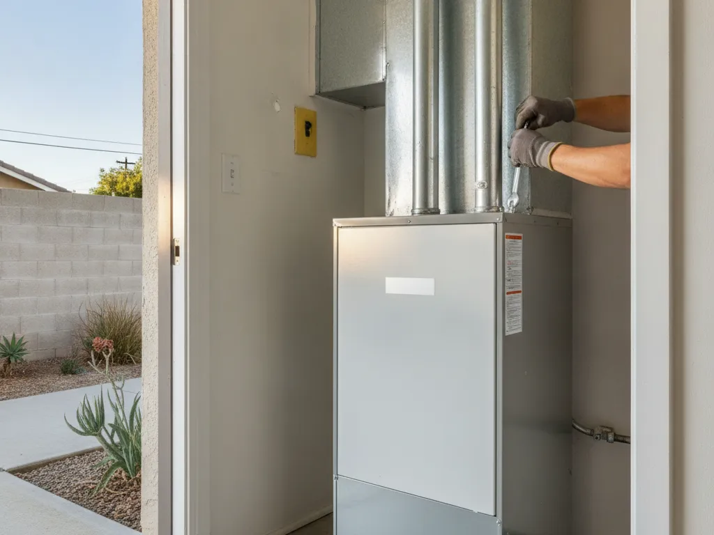 A new furnace in a garage or closet