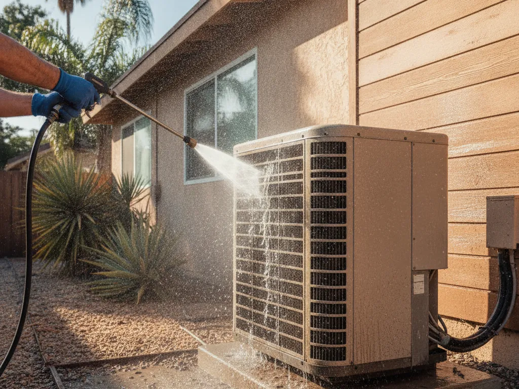 A technician cleaning an outdoor unit coil