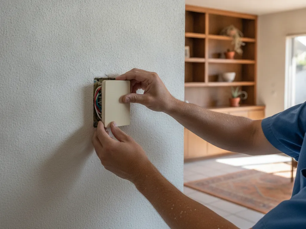 A thermostat being mounted on an interior wall