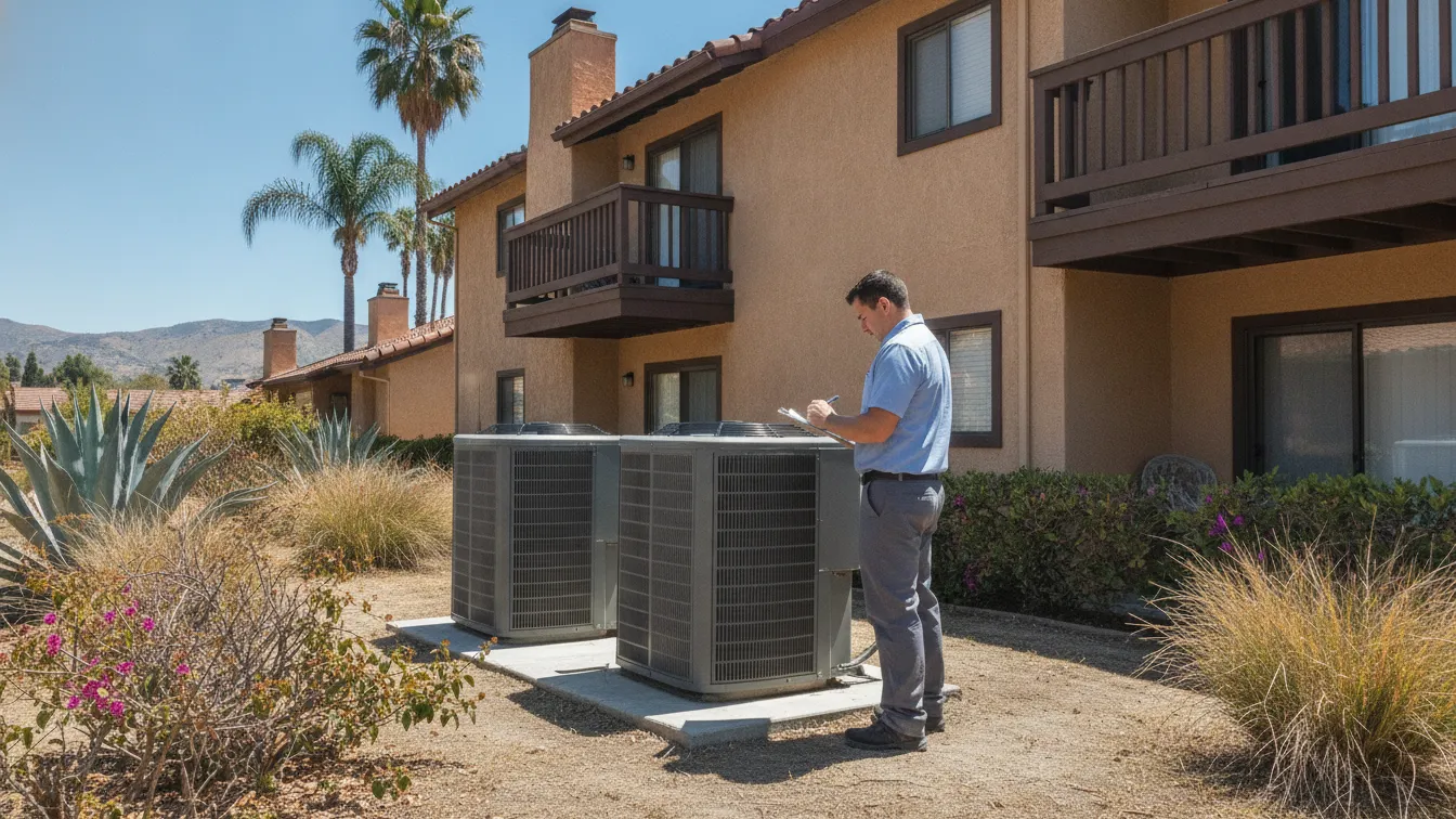 A technician taking notes beside two outdoor air conditioning units behind a townhouse complex