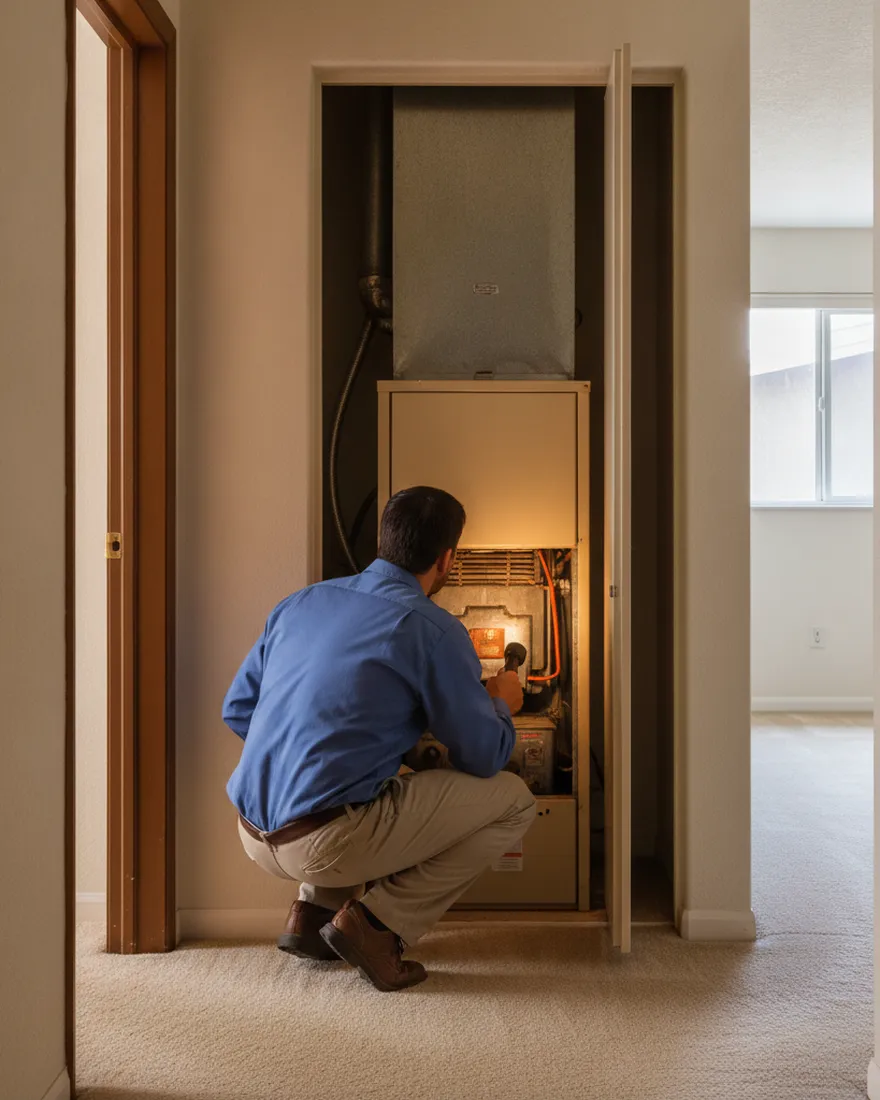A technician checking an upright furnace in a townhouse utility closet