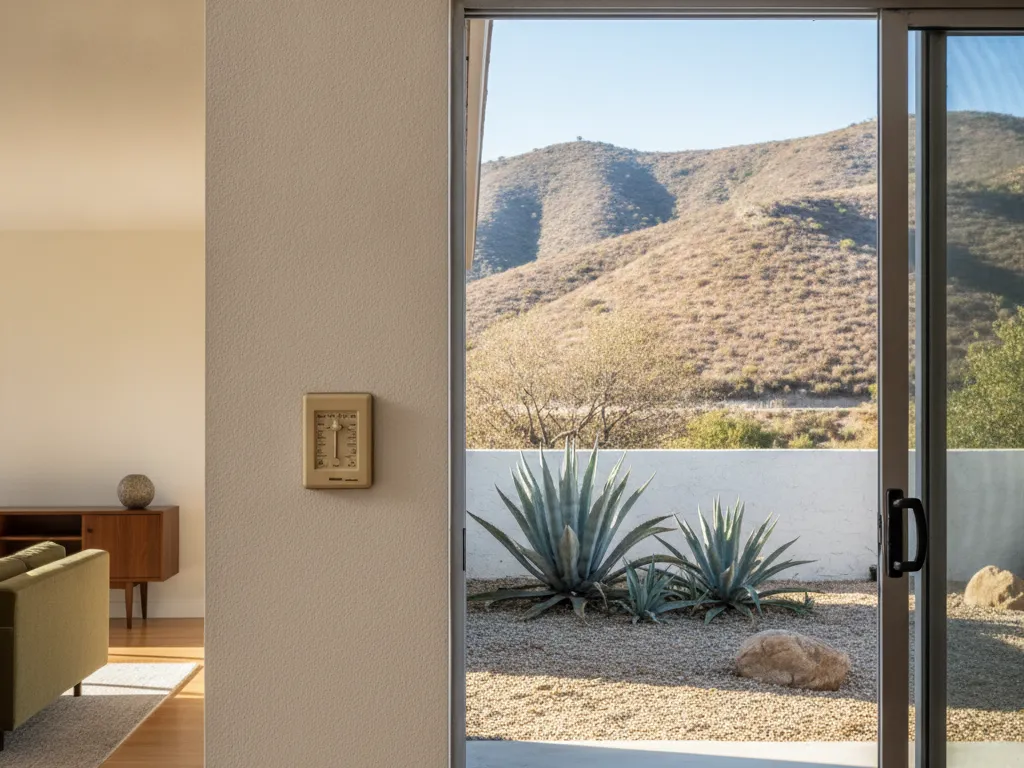 A wall thermostat beside a sliding glass door in a sunlit living room